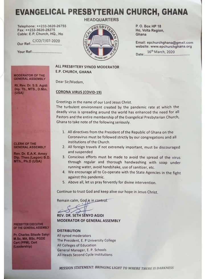 The turbulent environment created by the pandemic rate at which the deadly virus is spreading around the world has enhanced the need for all Pastors and the entire membership of the Evangelical Presbyterian Church, Ghana to take note of the following seriously.