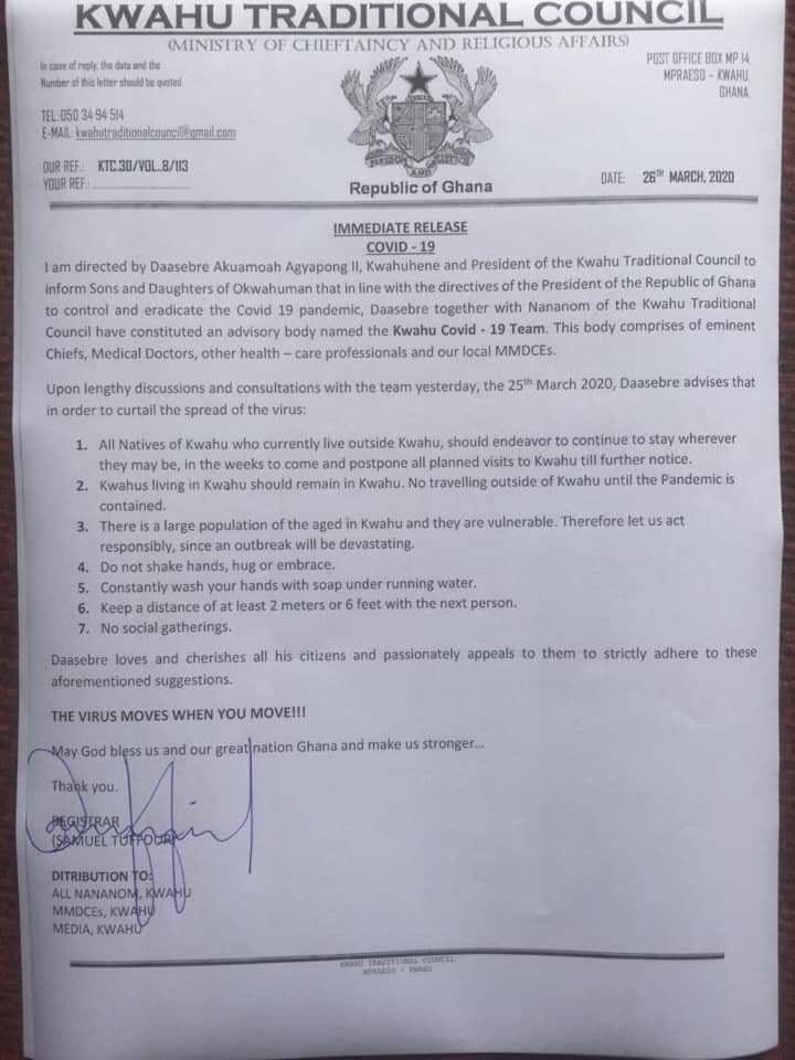 As the global pandemic of the novel coronavirus keeps crossing borders and barriers, the Kwahu Traditional Council, as measures to curtail the spread of the virus has locked down kwahu.