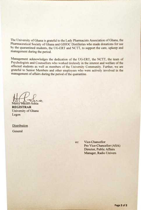 Reports coming from the Noguchi Memorial Institute of Medical Research states that, members of the university community and the public that all the University’s primary contacts  of the reported COVID-19 (Coronavirus) patient from the University have  tested negative  after going through the  14-day period of  quarantine.