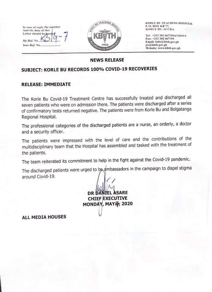 Korle Bu Records 100% Covid-19 Recoveries