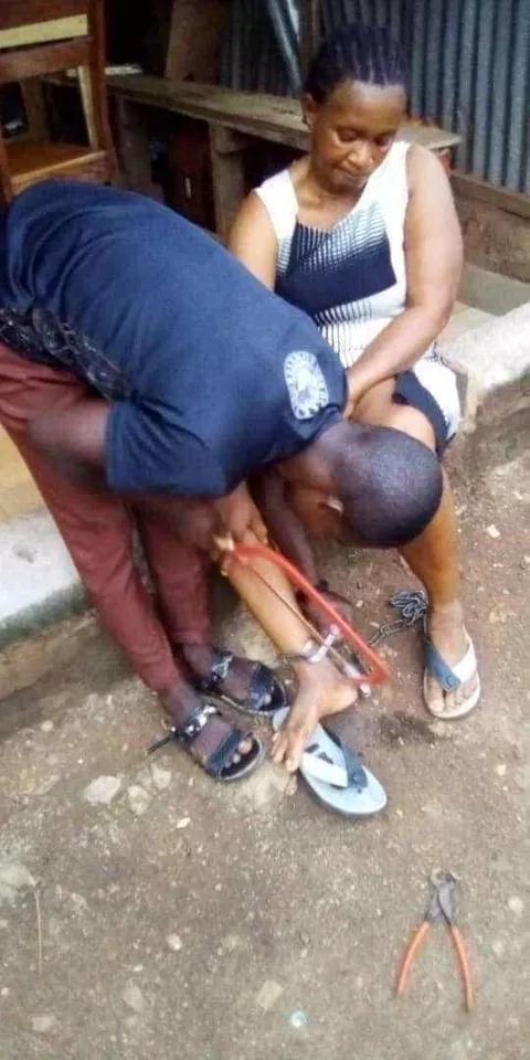 Woman Chained To A Pillar By Her Abusive Husband In Ebonyi Rescued [Photos]